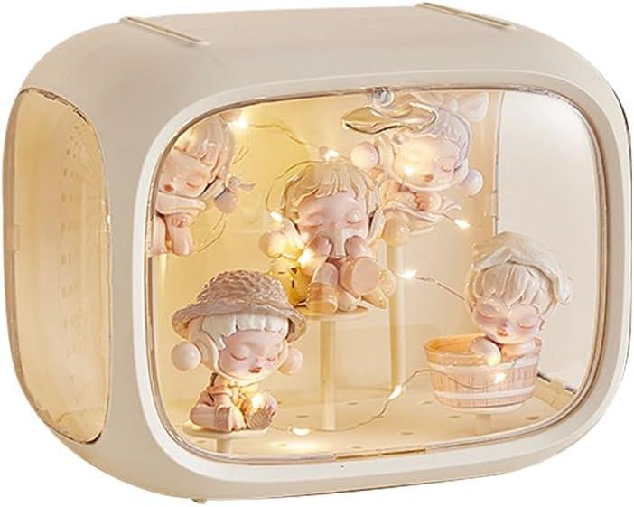 Display case for Figures with Light Adjustable Display Stand Clear Acrylic Display Box with Door Dust and Moisture Proof Suitable for Lego Collectibles Action Figures Pop Mart (Cream)