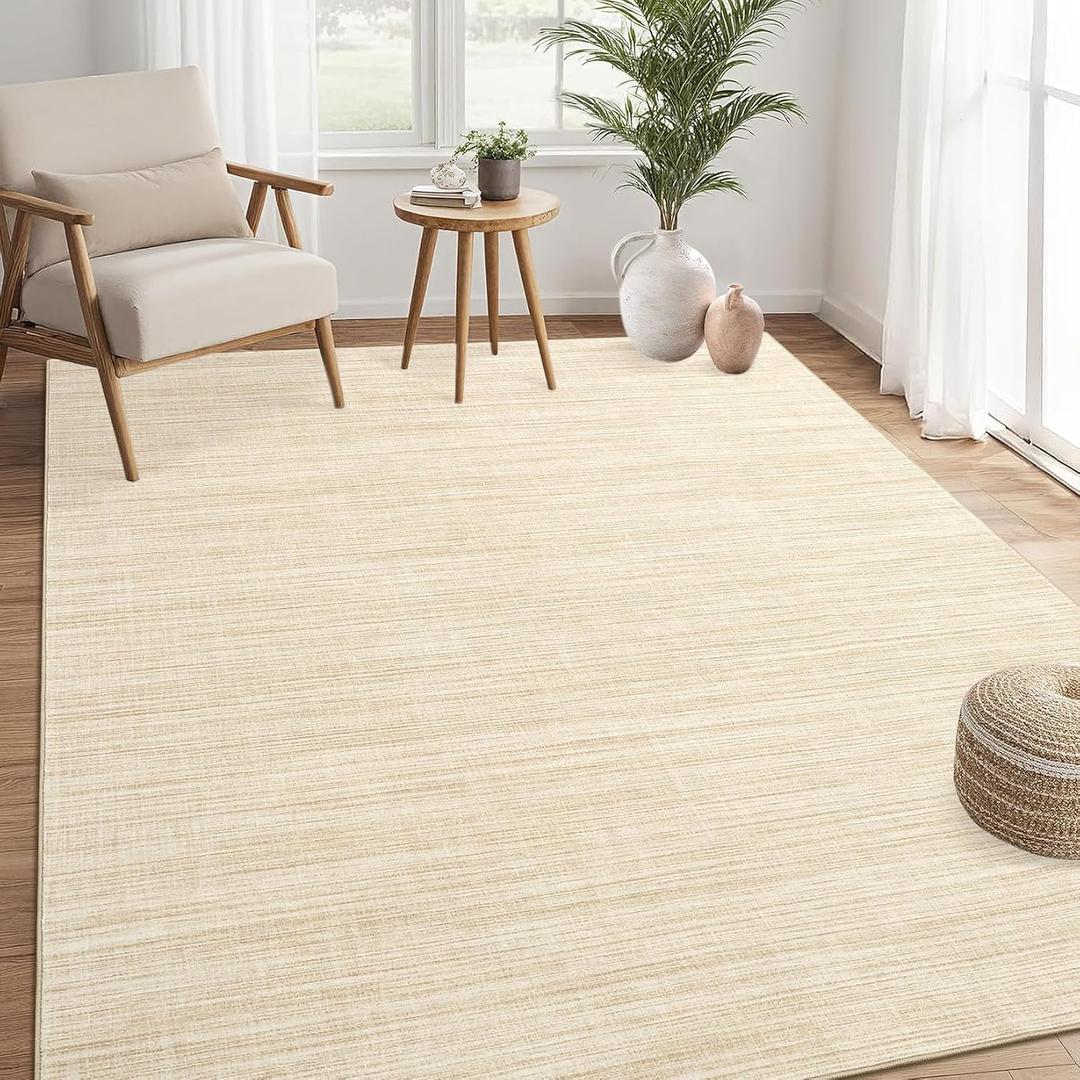 5x7 Washable Rugs Non Slip Minimalist Area Rug for Bedroom Soft Low Pile Solid Color Large Bedroom Throw Carpet Stain Resistant Classic Neutral Area Rug Plain Boho Rugs for Kitchen Nursery, Beige