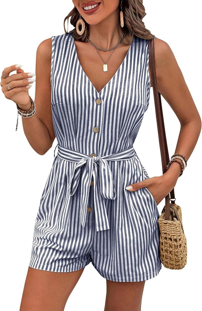 GUOLEZEEV Womens Summer Romper V Neck Button Up Linen Rompers Striped Sleeveless Short Jumpsuits Beach Vacation Outfits (Large)