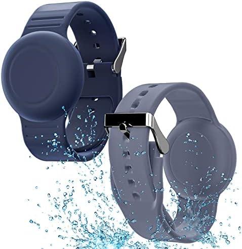 Waterproof Bracelet Compatible with Airtag for Kids(2 Pack), Soft Silicone Hidden Wristband, Lightweight GPS Tracker Compatible with Apple Air Tag Watch Band for Child (Grey Blue & Navy Blue)