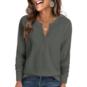 ANRABESS Women's Long Sleeve Waffle Knit Shirts Dressy Casual Loose Button Up V Neck Henley Tops 2025 Fall Basic Tee Blouse, Small