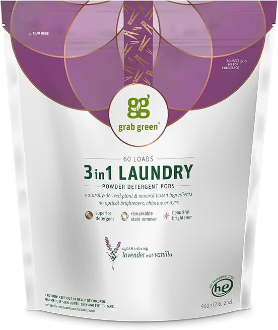 Grab Green Natural 3 in 1 Laundry Detergent Pods, Lavender + Vanilla-with Essential Oils, Organic Enzyme-Powered, Plant & Mineral-Based, White, 34 Oz
