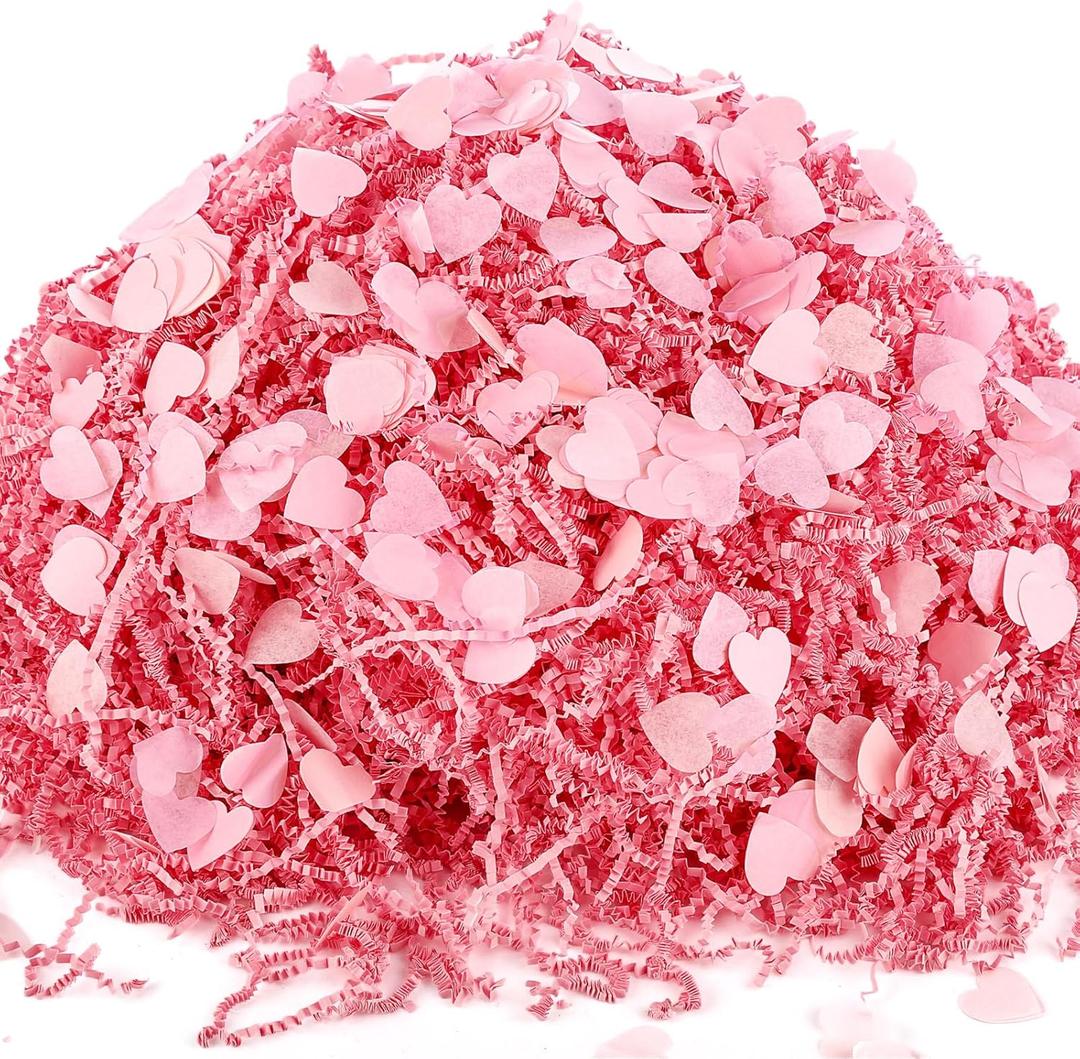 1 lb Valentines Crinkle Cut Paper Shred Filler Heart-shaped Scraps for Gift Baskets Crinkle Shredded Paper for Gift Box Grass Cushion Stuffing for Galentine Birthday Packaging Wrapping(Pink)