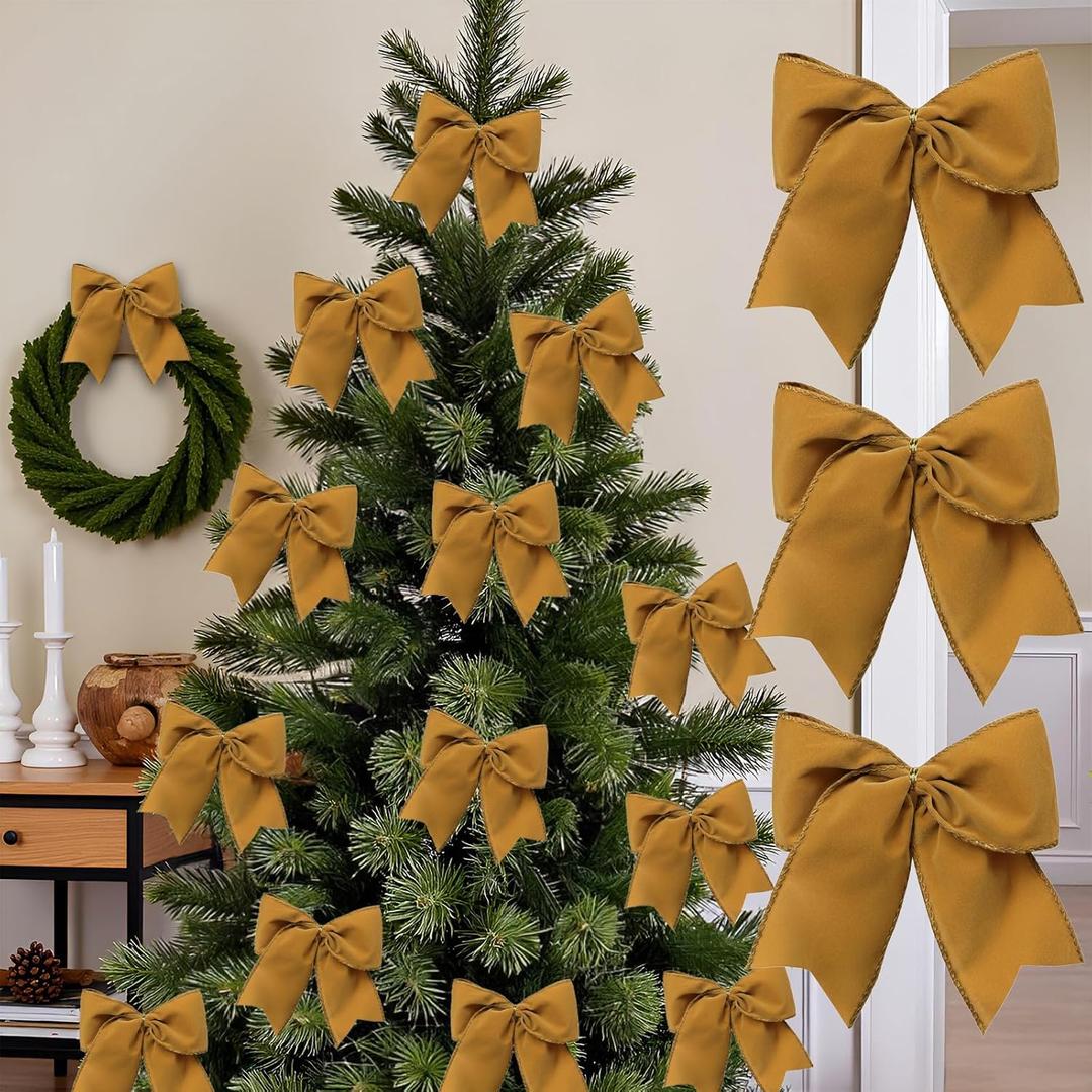18Pcs Vintage Velvet Christmas Bow Decor - 6 Inch Cozy Rustic Ribbon Bow Ornaments for Christmas Tree, Wreaths, Garland, Gift Wrapping, DIY Crafts & Xmas Home Decoration (Khaki)