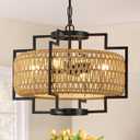 20" Boho Woven Chandeliers 4-Light Hand Rattan Ceiling Pendant Light Fixture Farmhouse Hanging Lighting for Kitchen,Bedroom, Dining Room, Hallway, Entryway, E26, Lantern-20''-V