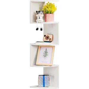 ALIMORDEN Corner Shelves 4 Tiers Wall Mounted Floating Shelves 33 Zigzag Design Shelves for Living Room Office Space, White Finish