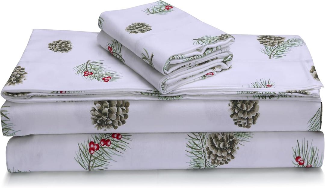 Tribeca Living Portuguese Cotton Flannel Sheets King Size - 170-GSM Deep Pocket Bed Sheet Set for Mattresses up to 21 Inches - 4 Piece Ultra-Soft Printed Bedding in Pine Cones and Berries