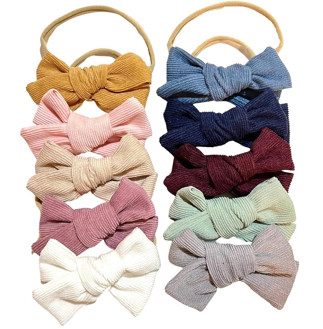 10PCS Corduroy Headband Hair Bows Baby Girl Soft Nylon Band Accessories Newborn Infant Kid Boho Chic Style Bundled Love, One Size
