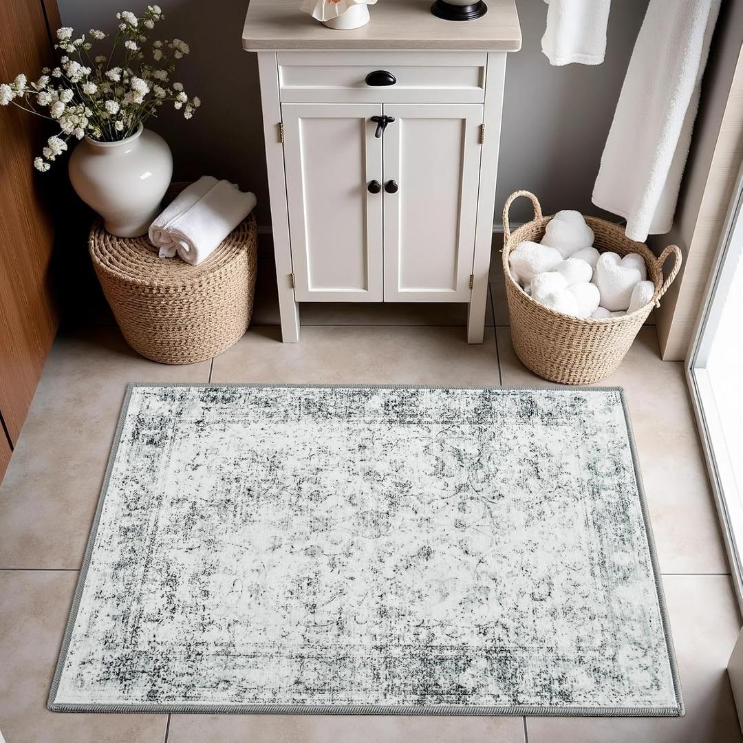 2x3 Washable Rugs for Entryway, Small Area Rug for Kitchen Non Slip, Soft Modern Throw Rugs for Bedroom Beside, Front Door Mat Indoor Entrance Entry Rug, Low Pile, Non-Shedding, Foldable (White Cream/Grey)