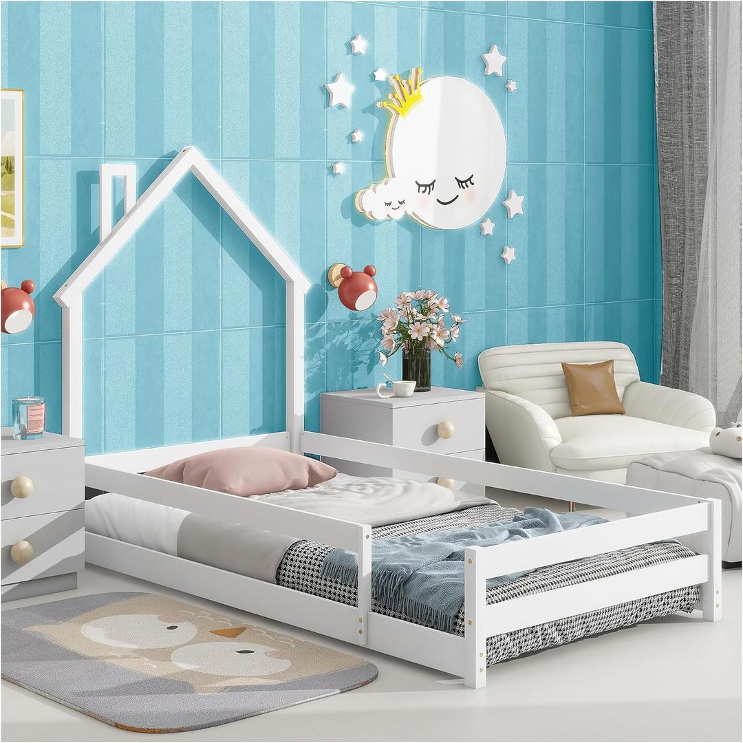 Dolonm Twin Size Montessori Toddler Floor Bed Frame, Modern House-Shaped Frame Headboard Bed with Fences, Pine Wood with Full-Length Guardrails, Bed for Girls Boys(Without Slats), White