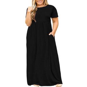 Nemidor Plus Size Maxi Dresses for Curvy Women Summer Casual Loose Short Sleeve Long Beach Dress with Pocket (Black, XL)