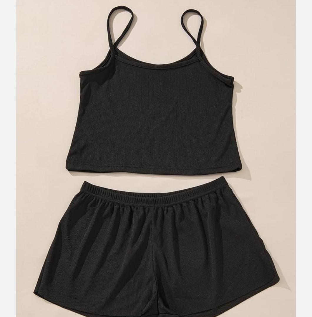 Women's Charming Ribbed Pajamas Set Two-Piece Crop Top & High-Waist Shorts for Comfort & Style XL  Black Women's Charming Ribbed Pajamas Set Two-Piece Crop Top & High-Waist Shorts for Comfort & Style XL  Black