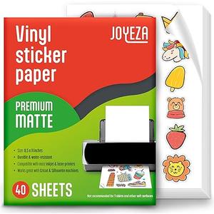 JOYEZA Premium Printable Vinyl Sticker Paper for Inkjet Printer - 40 Sheets Matte White Waterproof, Dries Quickly Vivid Colors, Holds Ink Well- Tear Resistant - Inkjet & Laser Printer