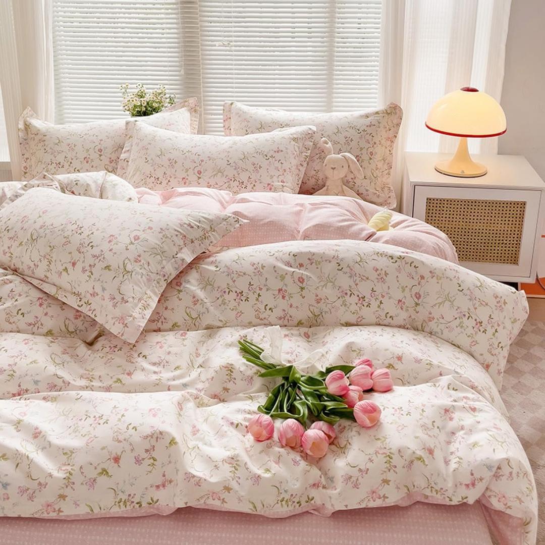 Floral Duvet Cover Full Size 3 Pcs Reversible White Pink Botanical Flower Bedding Set with Zipper Closure Garden Spring Plants Printed Soft Microfiber Comforter Cover Set with 2 Pillowcases