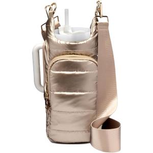 WanderFull HydroBag® HANDLE, Zipper for Handle, 40 oz Water Bottle Holder w/ Strap, Crossbody Water Bottle Carrier Bag w/ Phone Pocket, Tumbler Accessories - Gold Shiny w/ Vegan Leather Trimmed Strap