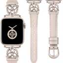 Minyee Compatible with Apple Watch Bands Leather 38/40/41/42/44/45/46/49mm Women, Slim Dressy Leather Strap with Celtic Knot Triquetra Metal Buckle for iWatch Series 11 10 9 8 7 6 5 4 SE/Ultra 3 2 1 (Starlight/Starlight)
