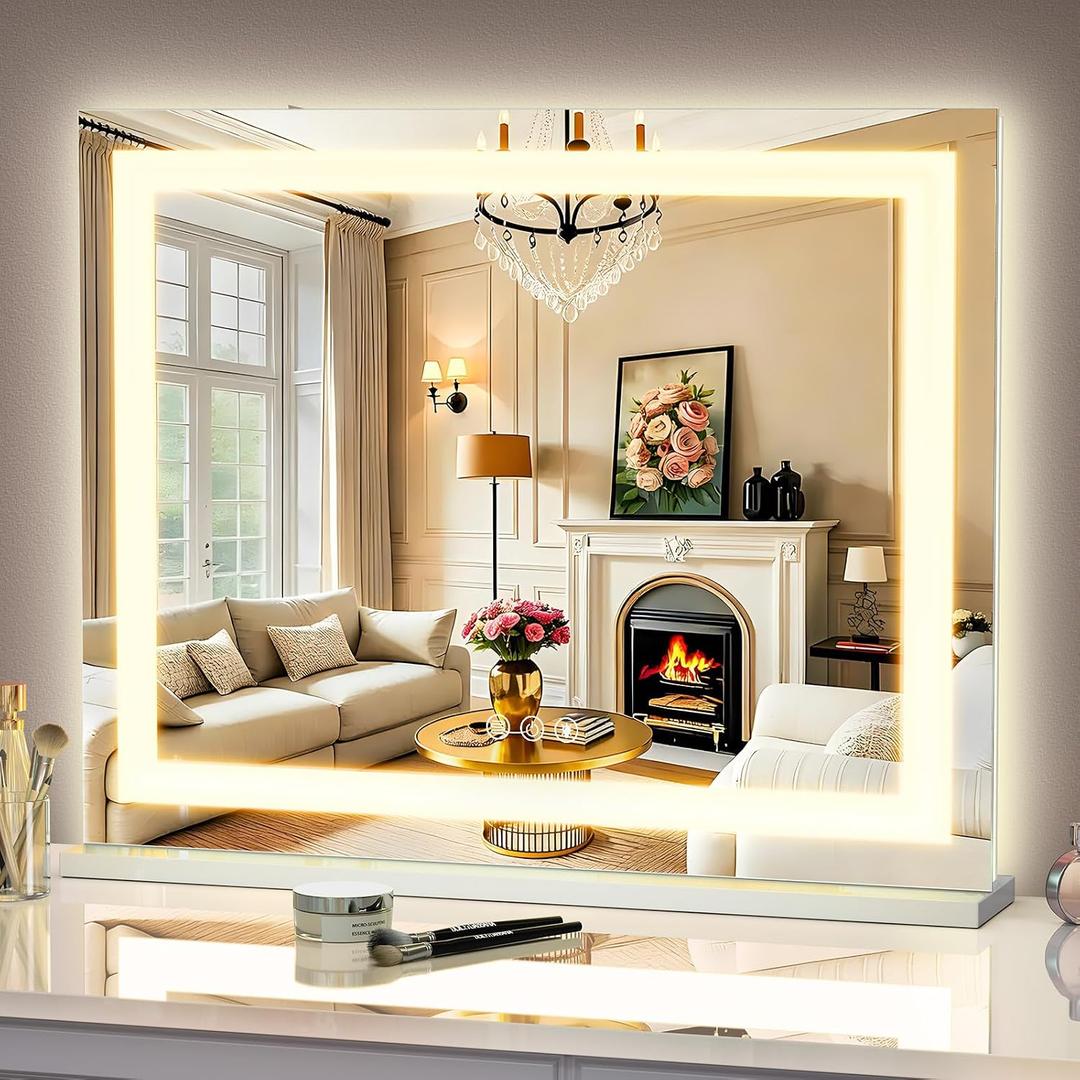 FENCHILIN Vanity Mirror with Lights, 22" x 19" Backlit + Front Lit Hollywood Makeup Mirror LED Strip with 3 Colors Modes Smart Touch for Dressing Room & Bedroom White