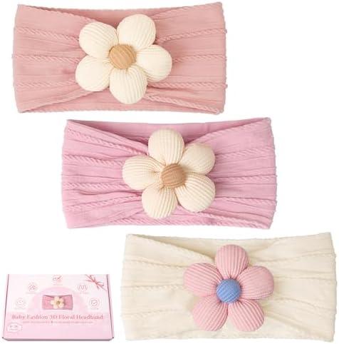 CÉLLOT 3 Pcs Baby Girl Headbands with Flower Nylon Headbands Soft Stretchy Headwear Hair Accessories for Newborn Infant Toddler Kids (Pink Beige Salmon)