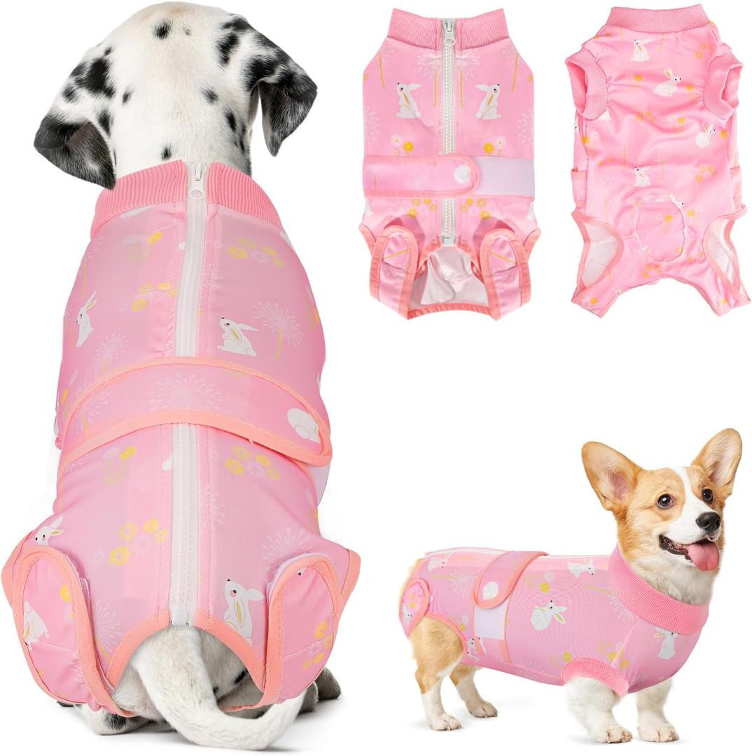 Lukovee Recovery Suit for Dogs, Zipper On Recovery Suit for Female Male Dog, Onesie Abdominal Wounds Cone E-Collar Alternative Prevent Licking Spay Recovery Suit (S,PI)