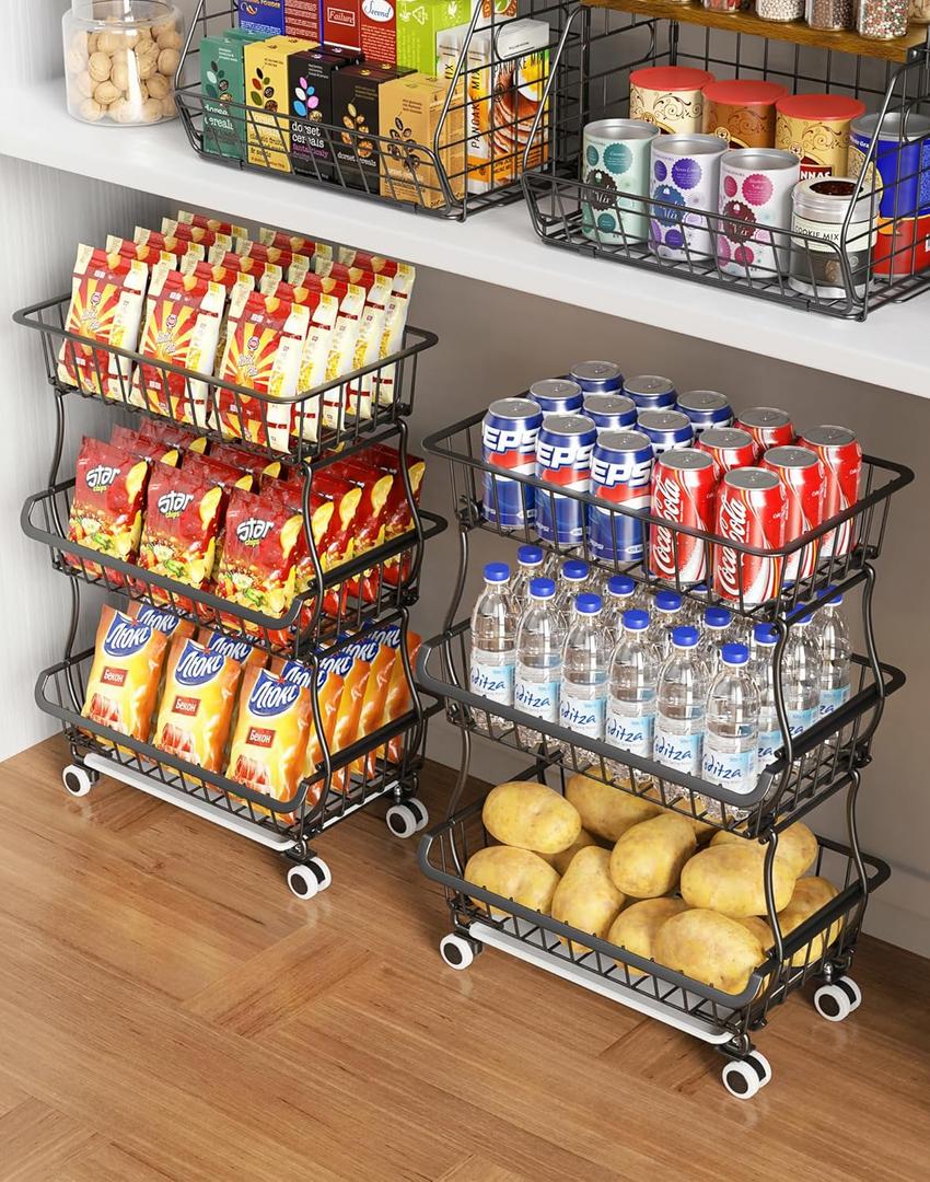 3-Tier Rolling Pantry Floor Organizers and Storage Cart with Wheels, Stackable Wire Pantry Baskets for Pantry Shelves, Kitchen Fruit Basket Stand and Storage Rack for Fruit Snack Onion Potato