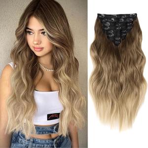 Clip in Hair Extensions for Women, 20 Inch 8PCS Long Wavy Omber Blonde Hair Extensions Clip Ins, Synthetic Soft Hairpieces for Women