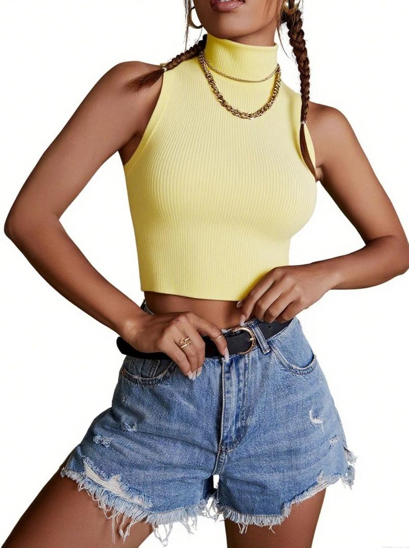 Verdusa Women's Crop Tops Old Money Clothes Sleeveless High Mock Neck Knit Fitted Basic Tank Top (Light Yellow)