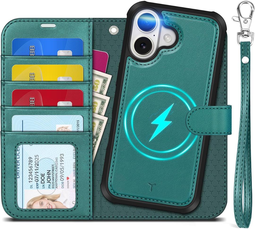 TUCCH 2-in-1 Removable Case Wallet for iPhone 17 (6.3") 2025, Detachable Wrist Strap, 4 Card Holders RFID Blocking, Wireless Charging, Stand, Magnetic, PU Leather Shockproof Folio Cover, Bluish Green