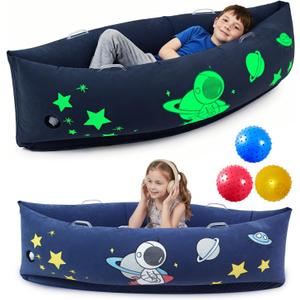 Sensory Peapod Chair for Autism ADHD Kids - 60in Inflatable Sensory Canoe with Glow in the Dark Space Pattern - Deep Pressure Calming Seat Pod for Children Sensory Seeking with 3 Sensory Balls