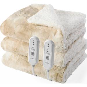 Dowin Heated Blanket Queen Size,Tie Dye Faux Fur Sherpa Electric Blanket with 5 Fast Heating Levels &10 Hrs Auto Off, 84" x90" Dual Control Heating Blanket,(Beige)