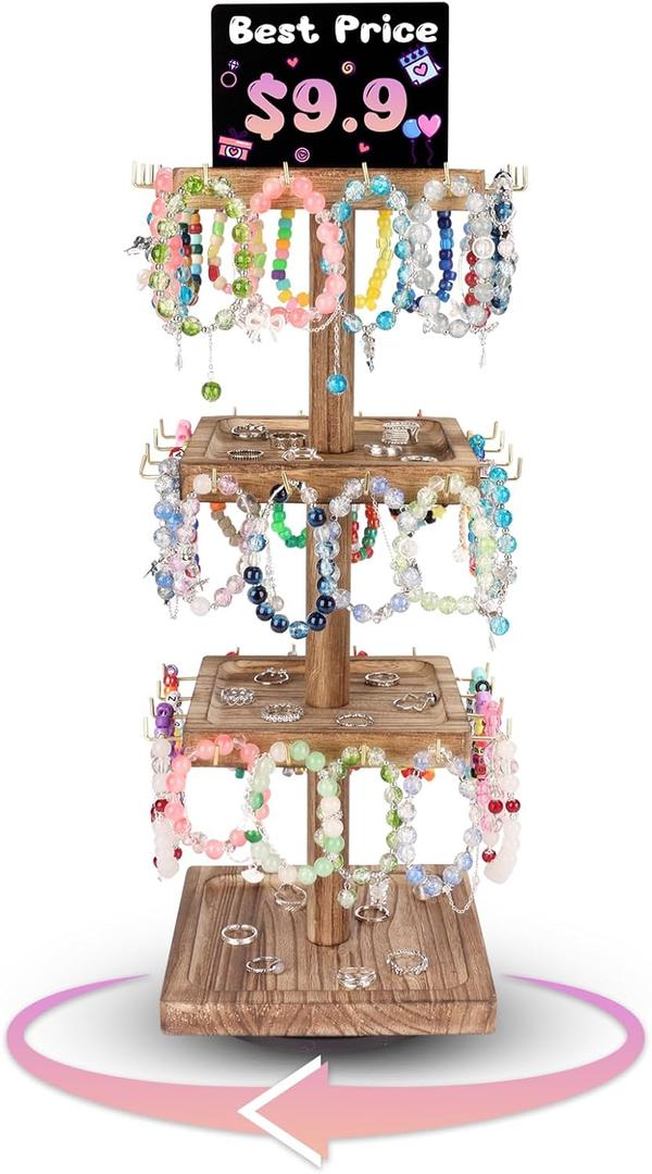 Liaakrr Bracelet Holder, 360 Rotating Bracelet Holder Display with 48 Hooks, 4-Tier Wooden Jewelry Display Tower for Bracelets, Keychains, Earrings, and Accessories
