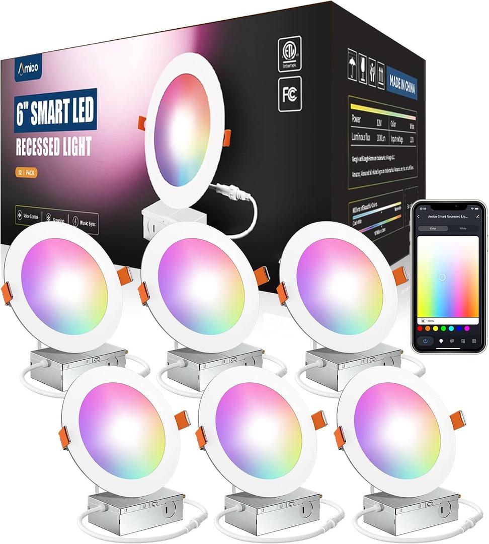 Amico 6 Pack 6 Inch Smart LED Recessed Lighting, WiFi Canless Downlight with Junction Box, RGB & 2700-6500K Color Changing, 12W=110W 1000LM, Voice & Remote & Group Control