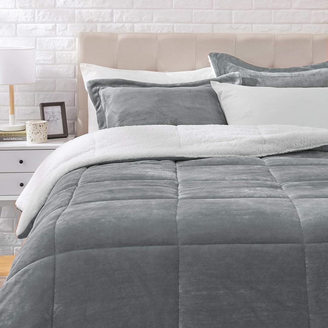 Amazon Basics 3-Piece Down Alternative Micromink Sherpa Bedding Set, Ultra-Soft, Warm All-Season Comforter, Machine Washable, King, Charcoal