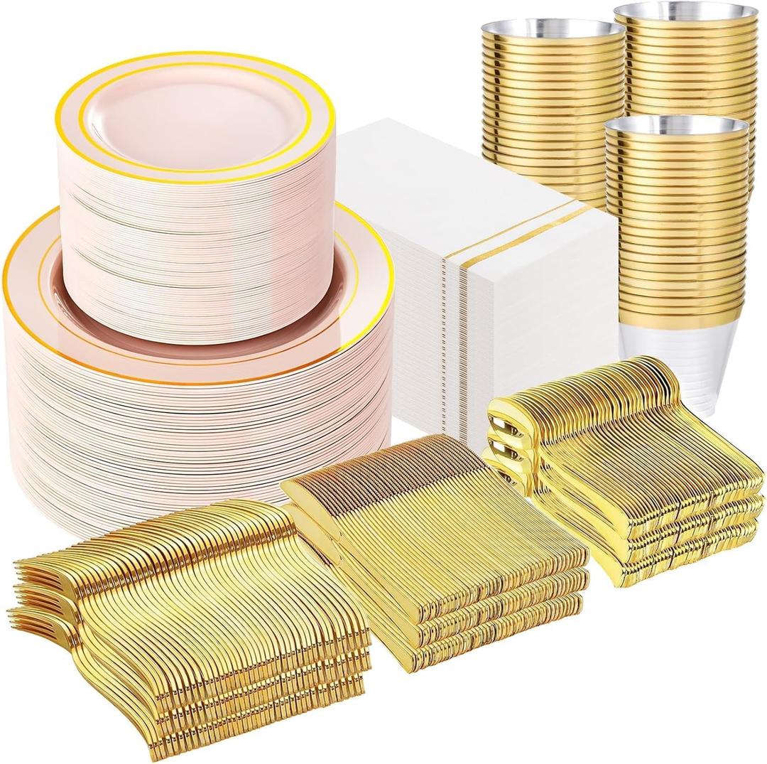 GATHER 700PCS Pink Plastic Plates - Gold Rim Disposable Plastic Dinnerware Set Include 200 Pink Plates, 300 Silverware, 100 Napkins, 100 Cups for Party & Wedding & Mother's Day