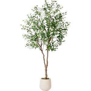 6FT Faux Olive Tree with Decorative Planter, Olive Trees Artificial Indoor with Textured Trunk, Silk Leaves and Olive Fruits, Fake Plants for Living Room, Entryway and Office Decor
