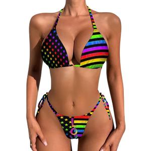 Bikini Set for Women Two Piece Swimsuit V Neck String Bathing Suit Halter Top Tie Side Bottom (One Size, Flag)