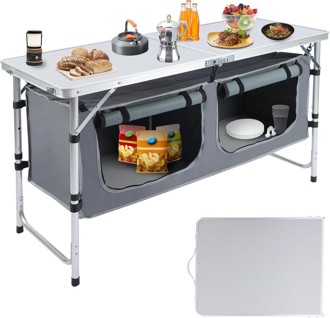 Outdoor Folding Camping Table with Storage Organizer, Portable Aluminum Composite Panel Lightweight Table, 3 Adjustable Height, for Indoor, BBQ, Party, Picnic, Hiking, Beach (Grey)