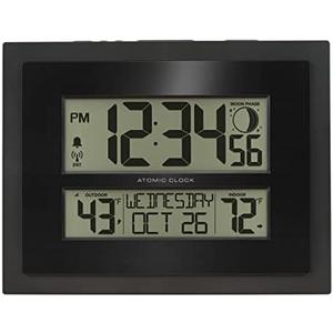 La Crosse Technology 513-75624-INT Digital Atomic Clock with Outdoor Temperature and Moon Phase, Black