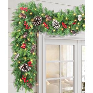 Pre-lit Christmas Garland 9FT with 100 Warm Lights, Battery Operated Xmas Garland with Pine Cedar Cones & Red Berries, Christmas Decoration for Mantle Fireplace Stair Railing Porch