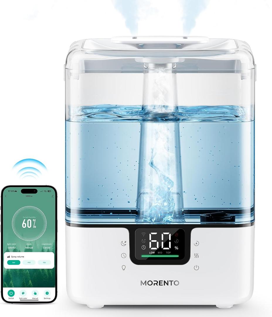 MORENTO Smart Humidifiers for Bedroom Large Room Home, 6L Cool Mist Top Fill Humidifier with Essential Oil Diffuser, Smart App & Voice Control, for Nursery & Plants, White, 1 Pack + 7 Color NightLight  