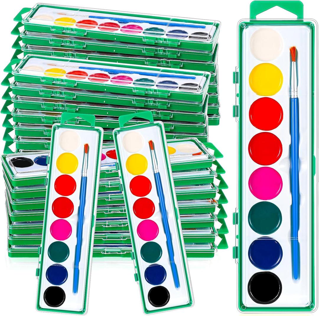 Watersay 24 Pack Valentine's Day Watercolor Paint Sets Bulk 8 Colors Washable Water Color Paint with Wooden Brush for Art Projects Party Favors Gifts(Green)