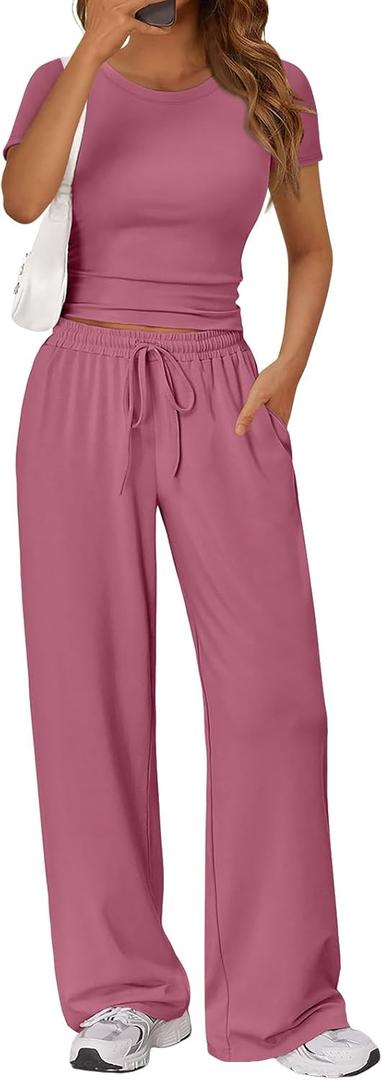 Trendy Queen 2 Piece Matching Summer Lounge Set Womens Side Ruching Top Wide Leg Pants Sets with Pockets, Small