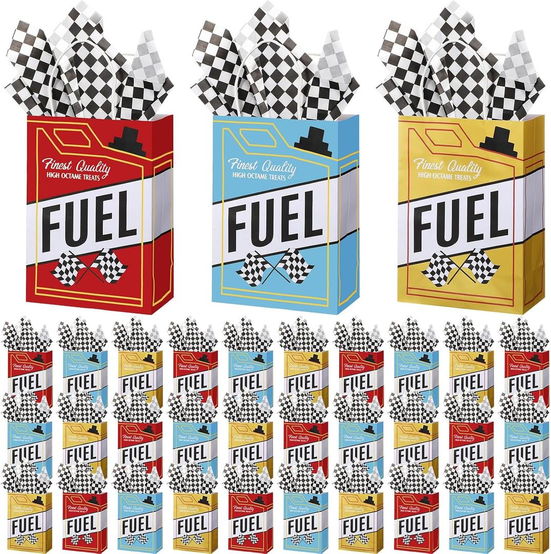 Humyoun 30 Pcs Race Car Fuel Treat Bags Racing Car Party Favor Decorations Race Goodie Paper Bags with Handles for Birthday Party Supplies Gifts with 50 Pcs Black and White Checkerboard Backing Paper