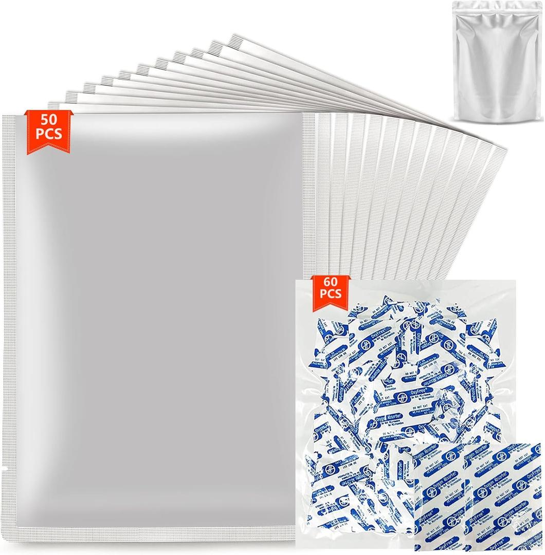 50 Pack 1 Quart Mylar Bags for Food Storage with Oxygen Absorbers for Rice, Grains, Coffee Beans and Emergency Long Term Food Storage