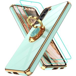 Gritup for Samsung Galaxy S21 Case: with 2Pcs Screen Protector, 360 Rotation Ring Holder Magnetic Kickstand Plating Gold Edge Soft TPU Shockproof Protective Cover for S21, Light Green
