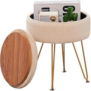 Cpintltr Modern Velvet Foot Rest Stool Upholstered Round Storage Ottomans Multipurpose Dressing Stools Luxury Home Decor Ottoman Coffee Table Top Cover Footstool with Metal Legs for Couch Beige