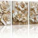 3 Pcs Modern Beige Gold Peony Floral Canvas Wall Art, Neutral Elegant 3d Beige Flowers Wall Painting White Blooming Floral Pictures Posters Art Print Home Decor for Bedroom Living Room Office 20"x28"x3