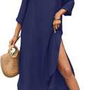Bsubseach Womens Bathing Suit Cover Up V Neck Long Swimsuit Cover Up Beach Shirt Dress Swimwear with Pockets (Blue, M)