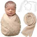 SPOKKI 2 PCS Baby Props Photography Wrap Kit, Newborn Photography Props, Handmade Pearl Wrap Blanket for Baby Photo Props with Pearl Headband, 35.5 X 67 inch Newborn Outfits for Photography (Beige)
