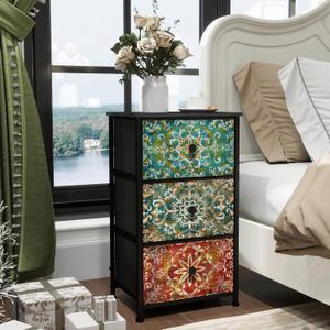 GiftGo Retro Dresser with Fabric Drawers Boho Mandala Flower Chest of Drawers Narrow Storage Tower for Small Spaces Gaps Bedroom Beautiful Nightstand Living Room Table (Mandala, 3 Drawers) (16.8"D x 11.5"W x 28.4"H (3 Drawers))