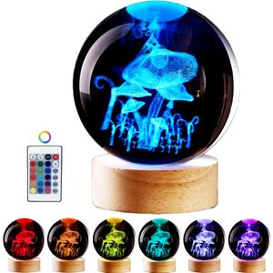 Large Mushroom Crystal Ball Night Light with Woodern Base, 3D Crystal Lamp 16 Color Changing with Remote Control, Laser Engraved Glass Ball Lamp, Room Decor (Mushroom)